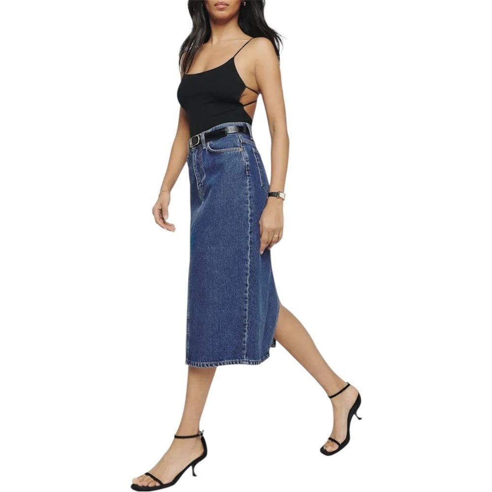 Reformation Jeans Jayde High Rise Denim Midi Skirt